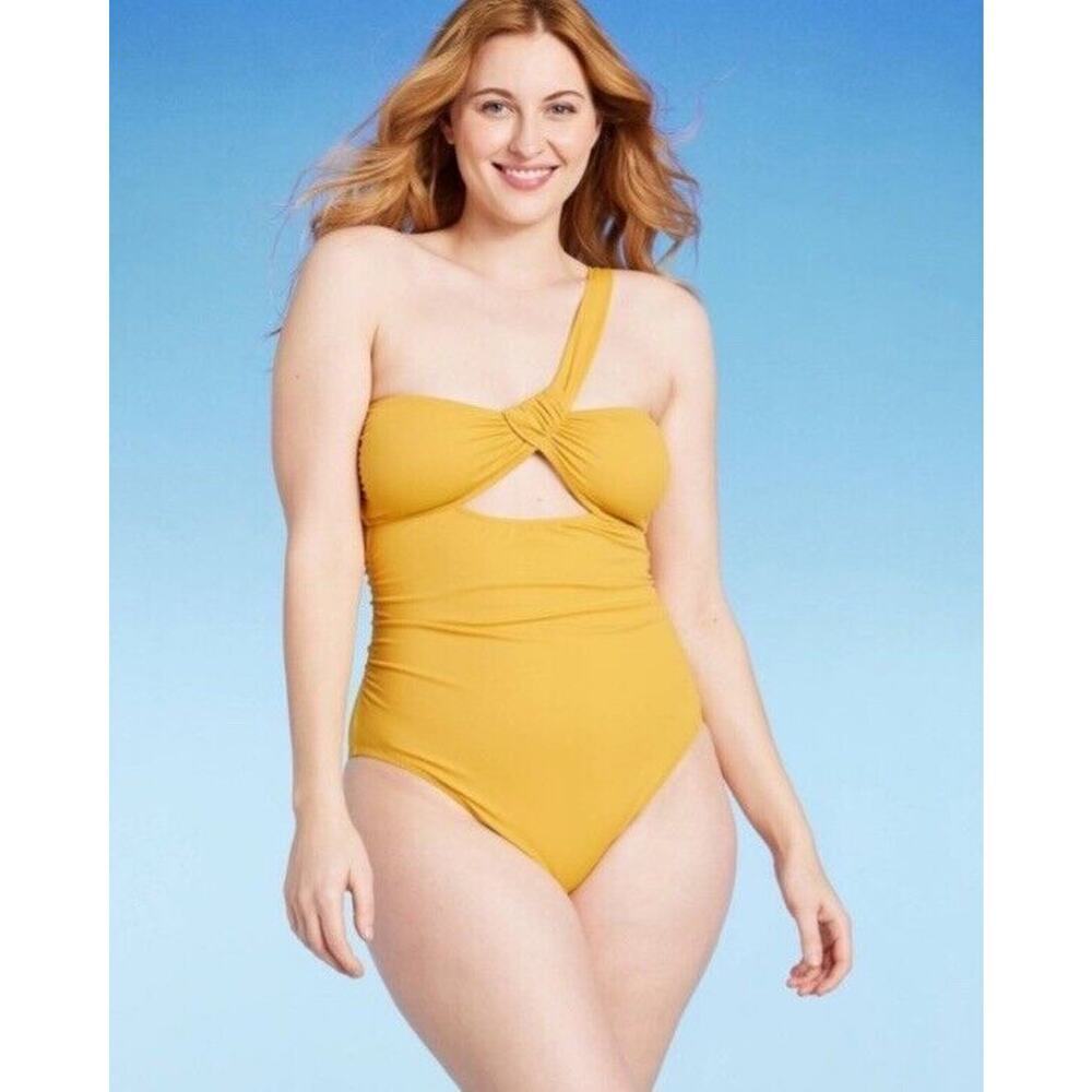 Shade And Shore A-symmetrical Swim Suit Gold Size M (8-10) NWT. MSRP $40
